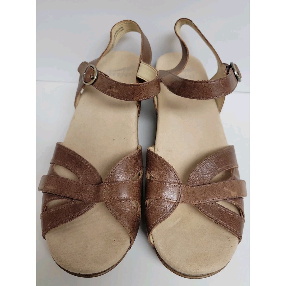 Dansko Season Women's Sandals Camel Full Grain Brown Leather Strappy Wedge SZ 40